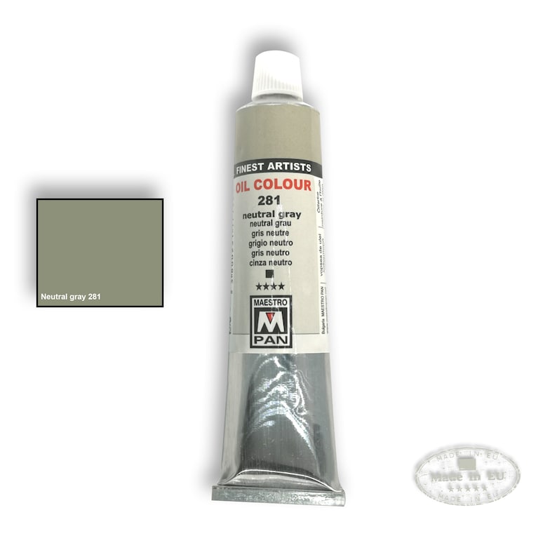 May include: A tube of Maestro Pan oil paint in the color neutral gray 281. The tube is silver with a black label that says "Finest Artists Oil Colour 281 neutral gray neutral grau gris neutre grigio neutro gris neutro cinza neutro" and a black star rating. The label also has a black Maestro Pan logo with a red "M" and a red "PAN".