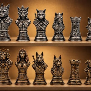 Schackspel med katt och hund, fantasischackpjäser, handmålat schackspel med 32 delar, schackpjäser med katt och hund, djurschackspel, unik schackgåva