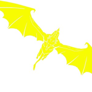 May include: A yellow silhouette of a flying dragon with wings spread wide. The dragon is facing down with its head tilted back.