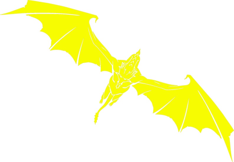May include: A yellow silhouette of a flying dragon with wings spread wide. The dragon is facing down with its head tilted back.