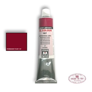May include: A tube of Maestro Pan oil paint in the color Permanent Ruby, labeled with the number 167. The tube is silver with a red label and the text "FINEST ARTISTS OIL COLOUR" and "Made in EU".