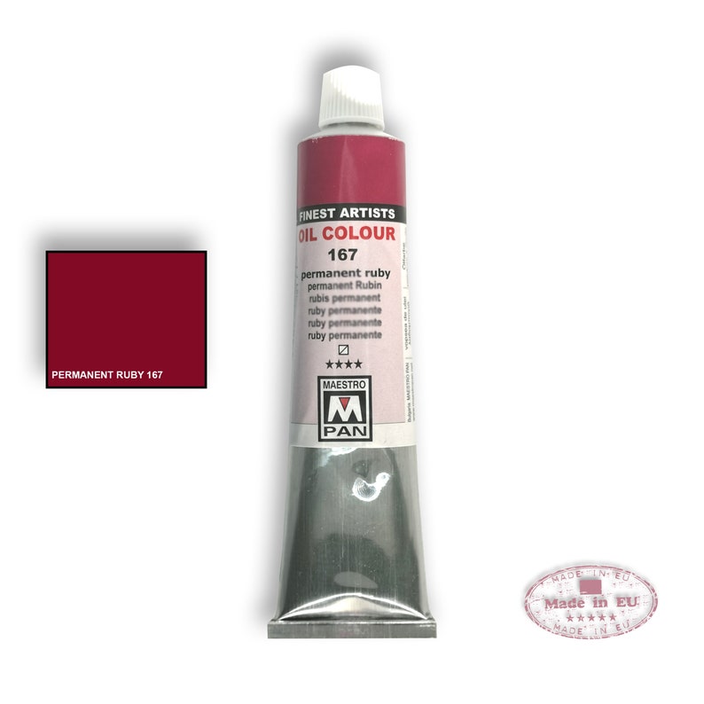 May include: A tube of Maestro Pan oil paint in the color Permanent Ruby, labeled with the number 167. The tube is silver with a red label and the text "FINEST ARTISTS OIL COLOUR" and "Made in EU".
