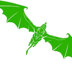 May include: A green silhouette of a dragon with wings spread wide, flying in mid-air.