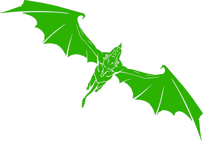 May include: A green silhouette of a dragon with wings spread wide, flying in mid-air.