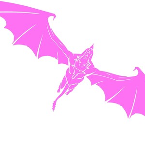 May include: A pink silhouette of a dragon with wings spread wide, flying in mid-air.