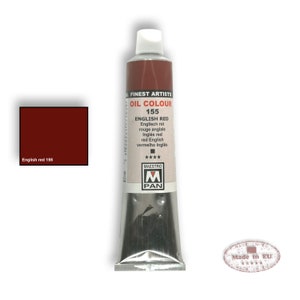 May include: A tube of Maestro Pan oil paint in English Red (155). The tube is silver with a red label and the text "FINEST ARTISTS OIL COLOUR 155 ENGLISH RED" in black. The label also includes the text "Englisch rot, rouge anglais, Ingl&eacute;s red, red English, vermelho Ingl&eacute;s" in smaller font. The tube has a red cap and a white label with the Maestro Pan logo. The tube is on a white background.