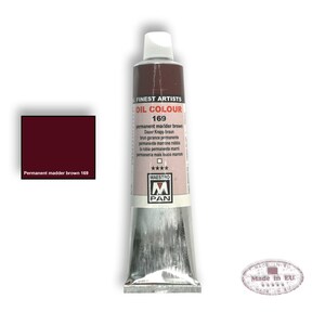 May include: A tube of Maestro Pan oil paint in the color permanent madder brown. The tube is silver with a red label that says "Finest Artists Oil Colour 169" and lists the color name in multiple languages. The tube is labeled "Made in EU."