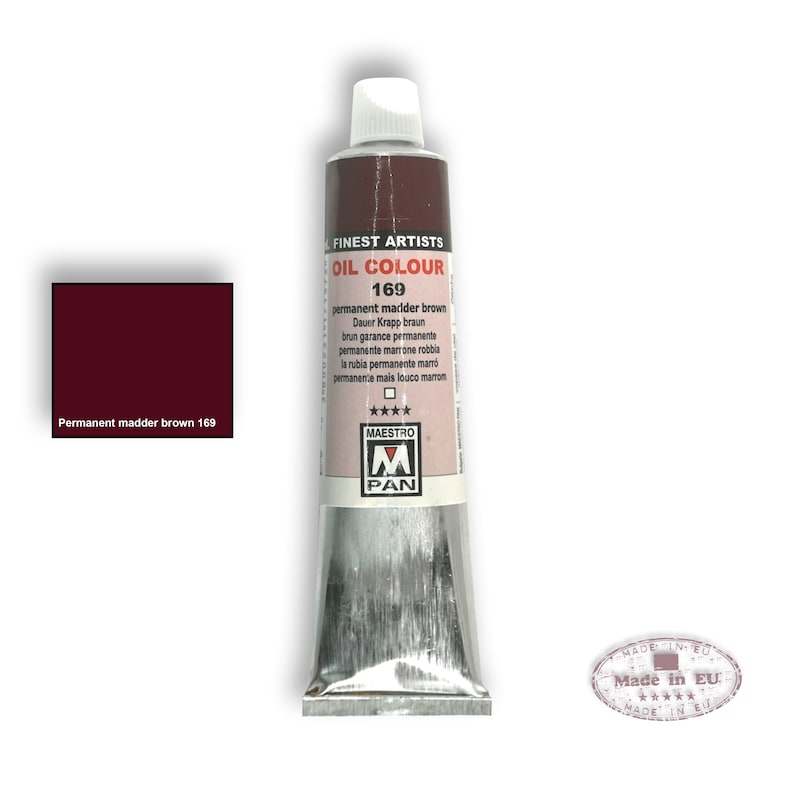 May include: A tube of Maestro Pan oil paint in the color permanent madder brown. The tube is silver with a red label that says "Finest Artists Oil Colour 169" and lists the color name in multiple languages. The tube is labeled "Made in EU."