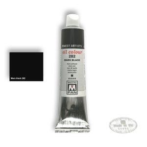 May include: A tube of Mars Black oil paint, color number 282, by Maestro Pan. The tube is silver with red and black lettering. The paint is a deep black.