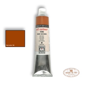 May include: A tube of red ochre oil paint by Maestro Pan. The tube is silver with a red label that says "Finest Artists Oil Colour 156 Red Ocher" and has the text "Made in EU" on a red circle.