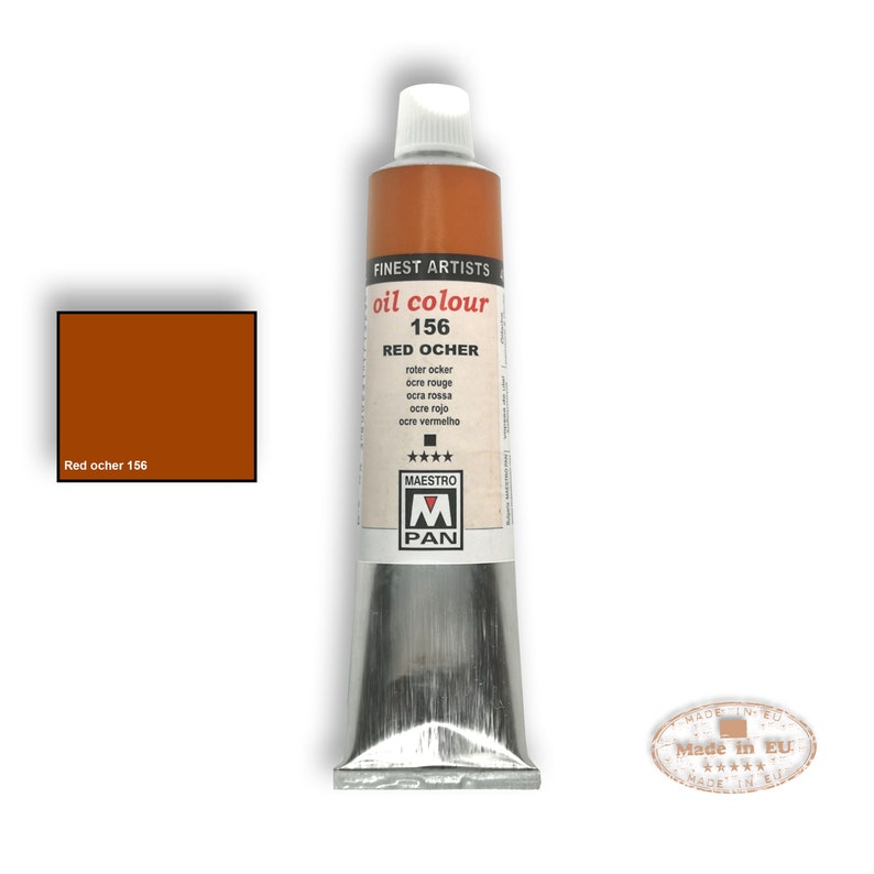 May include: A tube of red ochre oil paint by Maestro Pan. The tube is silver with a red label that says "Finest Artists Oil Colour 156 Red Ocher" and has the text "Made in EU" on a red circle.