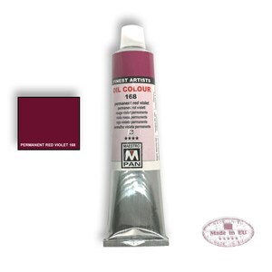 May include: A tube of Maestro Pan oil paint in the color Permanent Red Violet 168. The tube is silver with a red label that says "Finest Artists Oil Colour 168" and lists the color name in multiple languages. The label also has a four-star rating and the Maestro Pan logo.