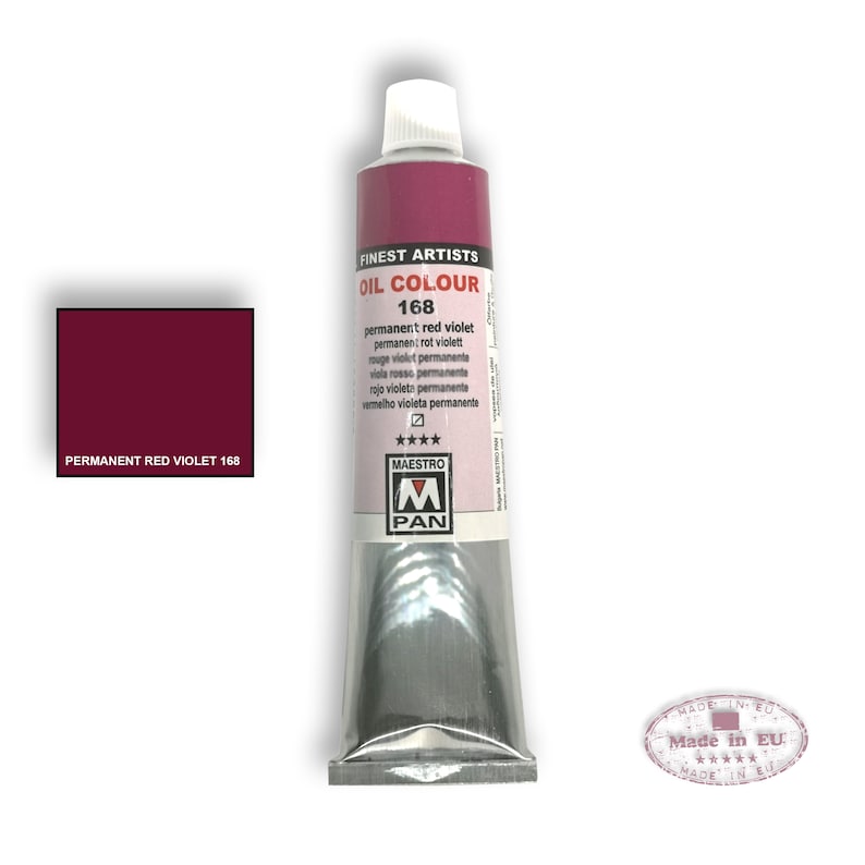 May include: A tube of Maestro Pan oil paint in the color Permanent Red Violet 168. The tube is silver with a red label that says "Finest Artists Oil Colour 168" and lists the color name in multiple languages. The label also has a four-star rating and the Maestro Pan logo.