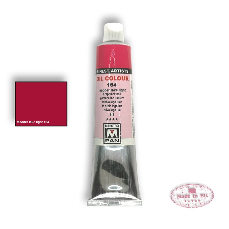 May include: A tube of Maestro Pan oil paint in the color Madder Lake Light, labeled with the number 164. The tube is silver with a red label and the text "FINEST ARTISTS OIL COLOUR" and "Made in EU".