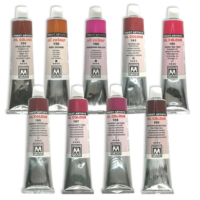 May include: A set of ten tubes of oil paint in various shades of red. The tubes are labeled with the brand name "Maestro Pan" and the color name and number. The paint is for artists.