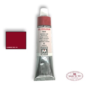 May include: A tube of Maestro Pan oil paint in Carmine Red (161). The tube is silver with a red label that says "Finest Artists Oil Colour 161" and lists the color name in multiple languages. The label also has a red star rating and the Maestro Pan logo.