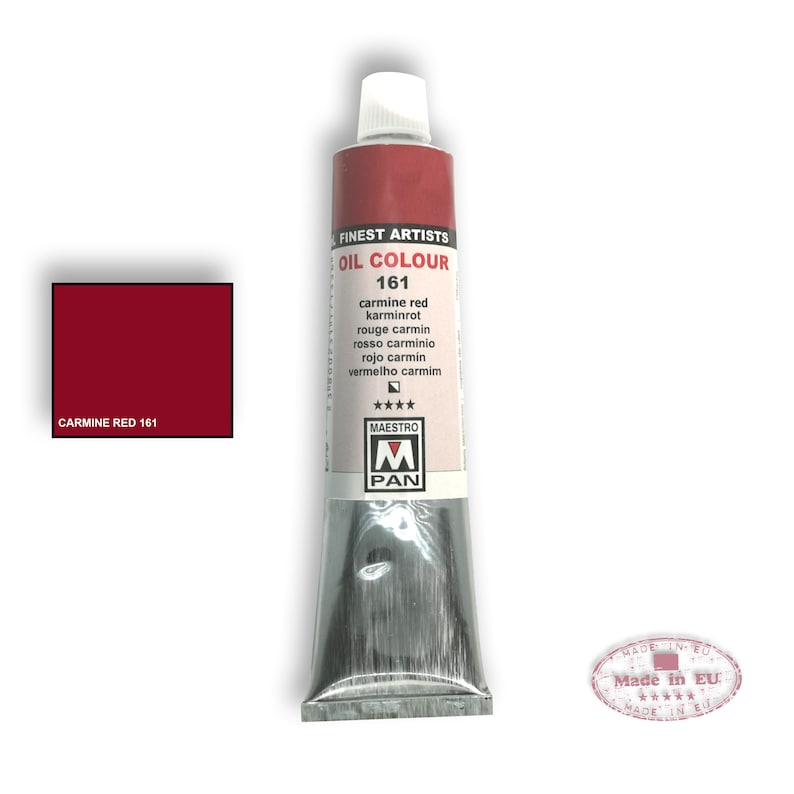 May include: A tube of Maestro Pan oil paint in Carmine Red (161). The tube is silver with a red label that says "Finest Artists Oil Colour 161" and lists the color name in multiple languages. The label also has a red star rating and the Maestro Pan logo.
