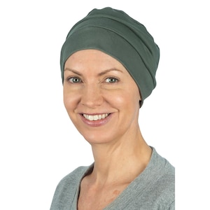 Chemo Hut weich bequem Alternative zu Perücke Kopfschmuck Mütze Turban Baumwollkappe einfach zu tragen Alopezie Haarausfall Olive