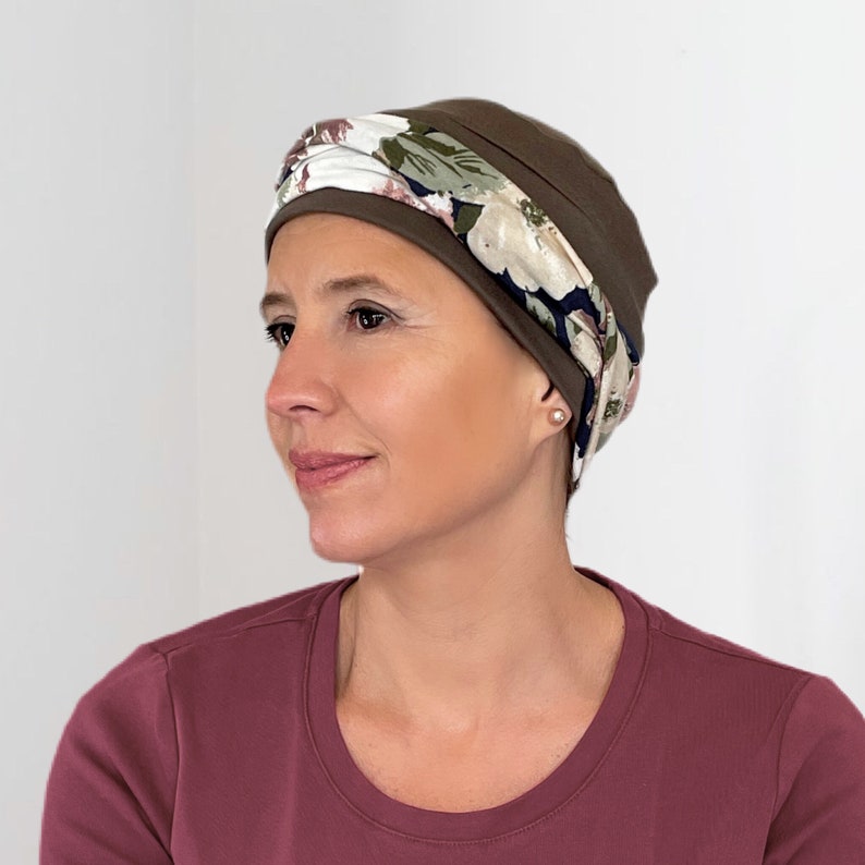 Chemo Headwear Jersey Hat with Hairband for Hair Loss, Chemo Headwraps as Breast Cancer Gifts or a Comfortable Alternative To A Wig Mocha & Blue HB