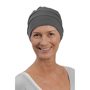 Chemo Hut weich bequem Alternative zu Perücke Kopfschmuck Mütze Turban Baumwollkappe einfach zu tragen Alopezie Haarausfall Grau