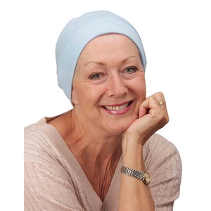 Chemo Hut weich bequem Alternative zu Perücke Kopfschmuck Mütze Turban Baumwollkappe einfach zu tragen Alopezie Haarausfall Blau