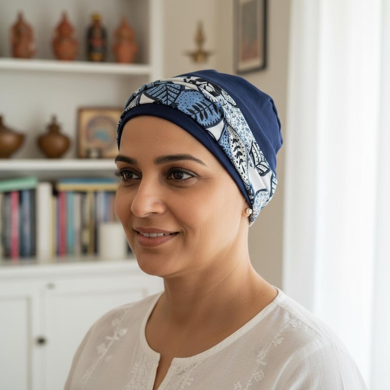Gorro para quimioterapia con diadema desmontable: Gorro cómodo de algodón para pacientes con cáncer. Navy & Santorini HB