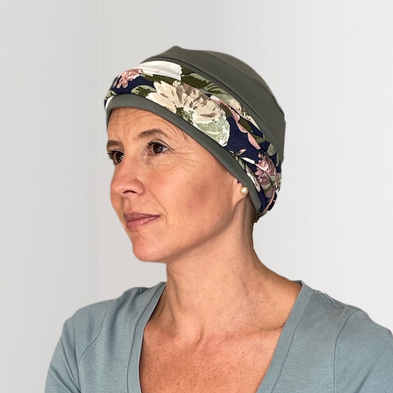 Chemo Headwear Jersey Hat with Hairband for Hair Loss, Chemo Headwraps as Breast Cancer Gifts or a Comfortable Alternative To A Wig Olive & Blue HB