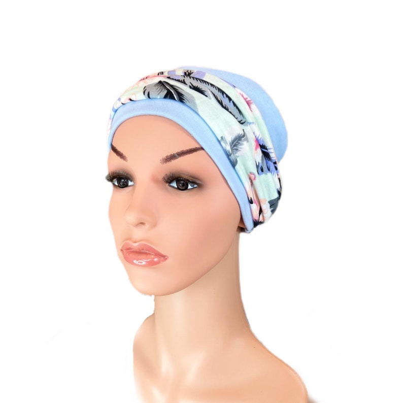 Comfortable hats for cancer patients with detachable headband. Versatile & flattering easy to wear chemo hat in a variety of colours Sky & Aqua HB