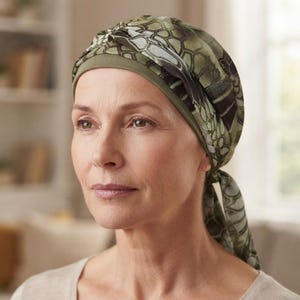 Peut inclure: Un foulard de tête arborant un motif camouflage hexagonal vert et noir. Ce couvre-chef se compose d'une base unie vert olive et d'une superposition de tissu à motifs, froncée et nouée à l'arrière pour un aspect superposé et texturé.