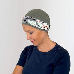 Comfortable hats for cancer patients with detachable headband. Versatile & flattering easy to wear chemo hat in a variety of colours Olive & Aqua HB
