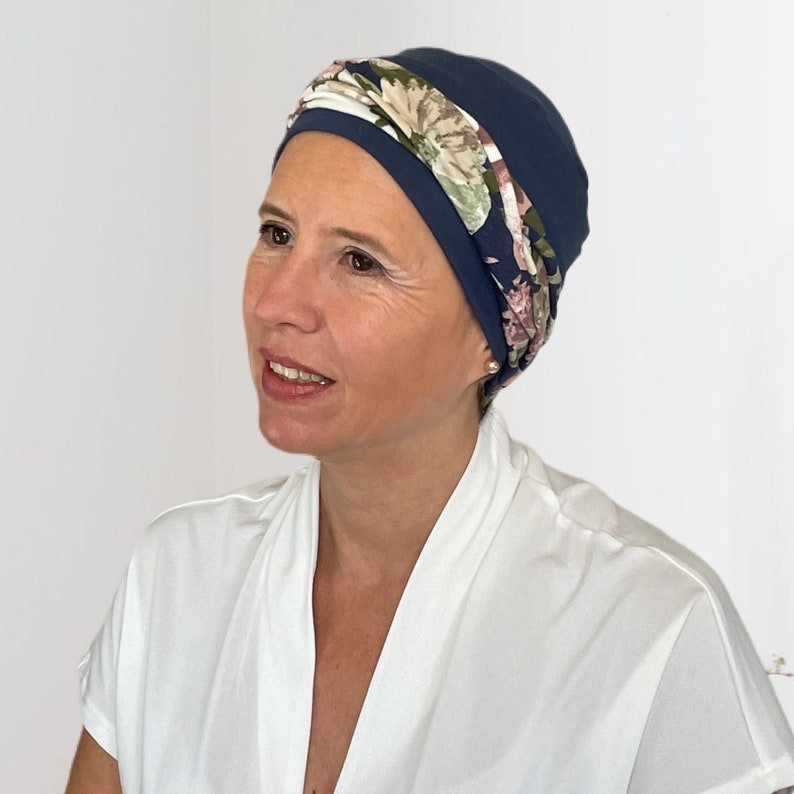 Chemo Headwear Jersey Hat con diadema para la caída del cabello, Chemo Headwraps como regalos para el cáncer de mama o una alternativa cómoda a una peluca Navy & Blue HB