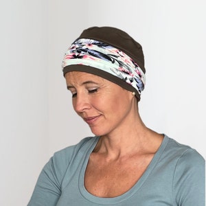 Comfortable hats for cancer patients with detachable headband. Versatile & flattering easy to wear chemo hat in a variety of colours Mocha & Aqua HB