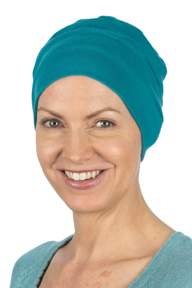 Chemo Hut weich bequem Alternative zu Perücke Kopfschmuck Mütze Turban Baumwollkappe einfach zu tragen Alopezie Haarausfall Teal