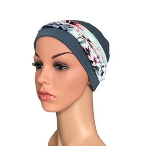 Comfortable hats for cancer patients with detachable headband. Versatile & flattering easy to wear chemo hat in a variety of colours Slate & Aqua HB