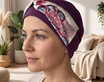Gorro de bambú suave para quimioterapia con pañuelo estampado para la caída del cabello.