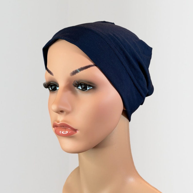 Chemo Beanie nakrycia głowy na wypadanie włosów Stretch Super miękki turban wiele kolorów nakrycia głowy łysienie kapelusz czapka dla kobiet Navy Bamboo