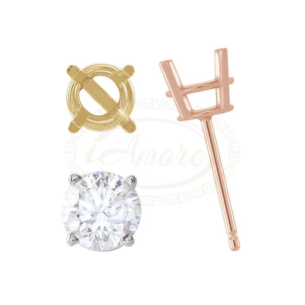 Pair Round 4-Prong Lightweight Basket Earring Mounting Palladium, Platinum, 18K, 14K Solid Gold