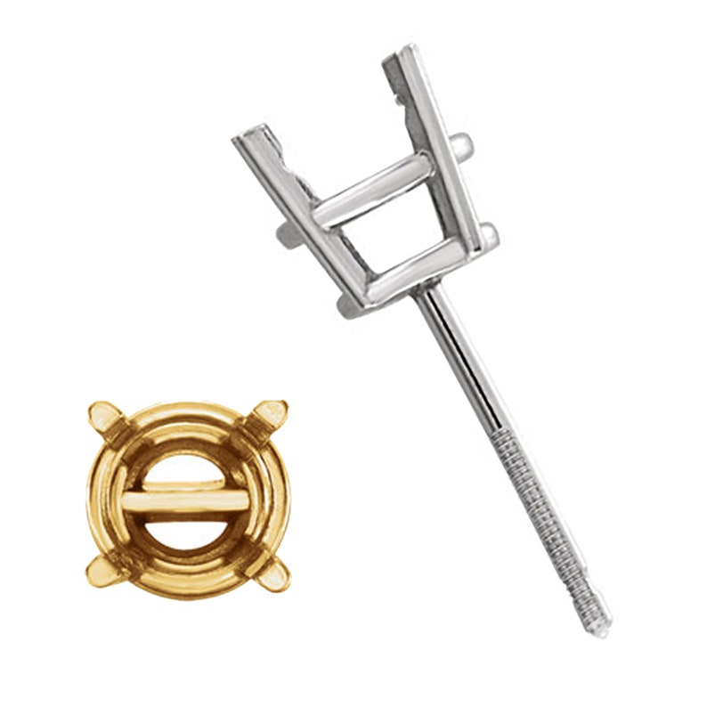 Piece 14K Threaded Pre-Notched Stud Earring 2mm 10.5mm Round 4-Prong Basket Earring Mountings