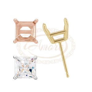 May include: A collection of jewelry components, including a square-cut diamond stud earring, a gold earring post, and two metal earring settings in rose gold and gold. The diamond is clear and faceted.