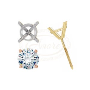 May include: A set of earring components, including a prong setting, a round diamond, and a screw-back post. The prong setting is made of silver metal and has four prongs. The diamond is clear and round. The screw-back post is made of gold metal and has a screw-on back.