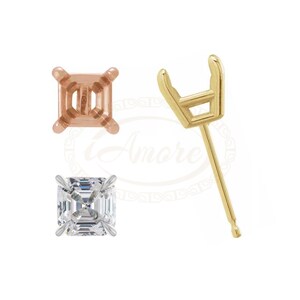 May include: A square-cut earring setting in rose gold, a matching square-cut earring setting with a clear faceted stone, and a gold earring post with a prong setting, displayed separately to show the components of the jewelry piece.