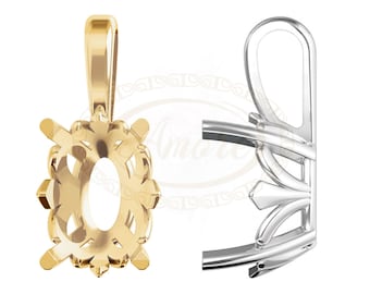 Könnte beinhalten: Ein goldener Anhänger-Fassung mit einem filigranen, komplizierten Design. Die Fassung ist für einen ovalen Edelstein konzipiert. Der Anhänger wird mit einer passenden Öse gezeigt.