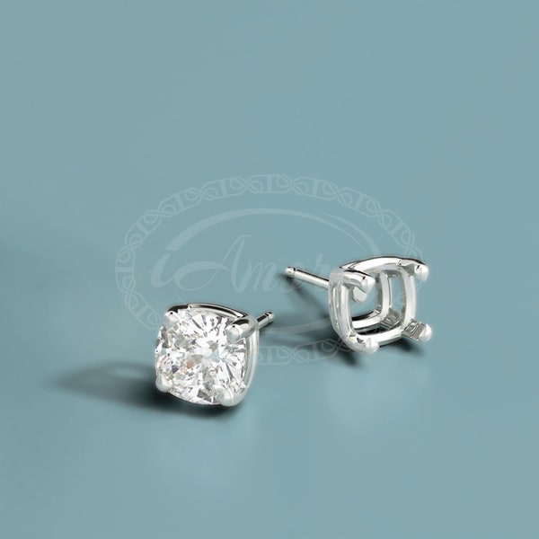 Cushion 4-Prong pre-notched Earring Stud Setting Mounting | 14K Solid Gold Platinum Silver