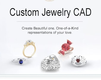 May include: Custom jewelry CAD design service. Create unique, one-of-a-kind jewelry pieces.  The image shows several examples of rings with different gemstones and styles.