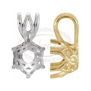 May include: A silver and gold pendant setting with a hexagonal bezel and a bail with a W-shaped design. The setting is designed to hold a gemstone.