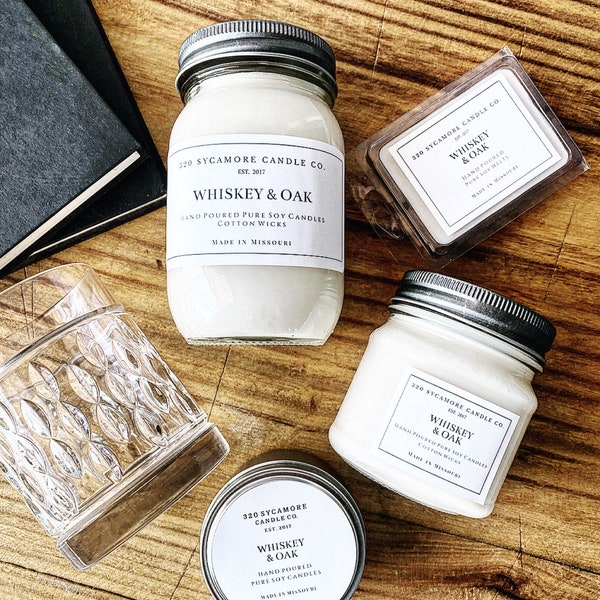 Whiskey & Oak Hand Poured Pure Soy Candles and Melts