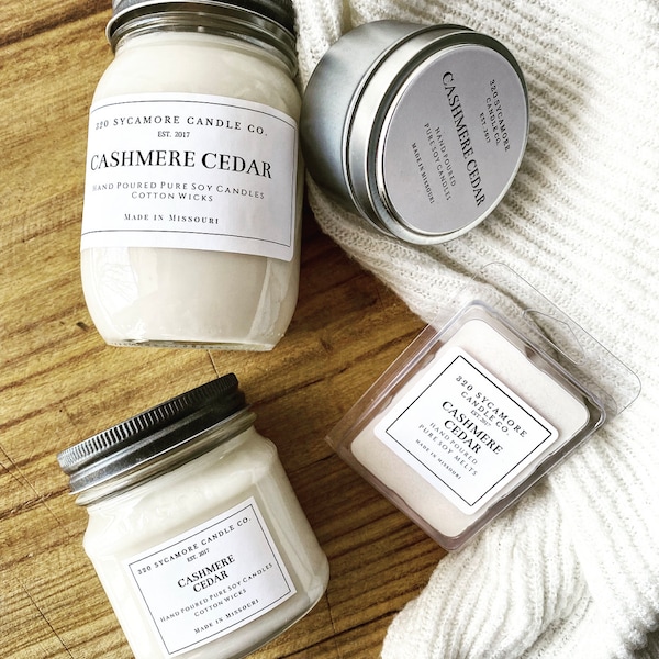 Cashmere Cedar Hand Poured Pure Soy Candles and Melts