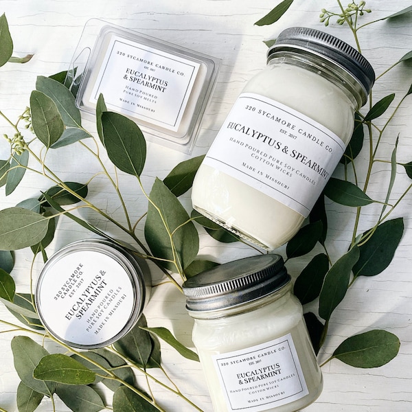 Eucalyptus & Spearmint Hand Poured Pure Soy Candles and Melts