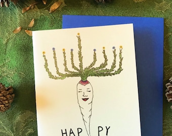 Parsnip Menorah - Ilustração de vegetal caprichosa 4,25 x 5,5 pol. Cartão de felicitações de Hanukkah com envelope azul cobalto