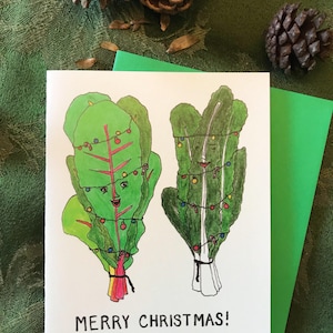 Christmas Greens - Illustration de légumes fantaisistes 4.25 x 5.5 dans la carte de vœux de vacances de Noel avec des enveloppes vertes et rouges